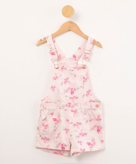 jardineira infantil sarja estampada floral rosa claro