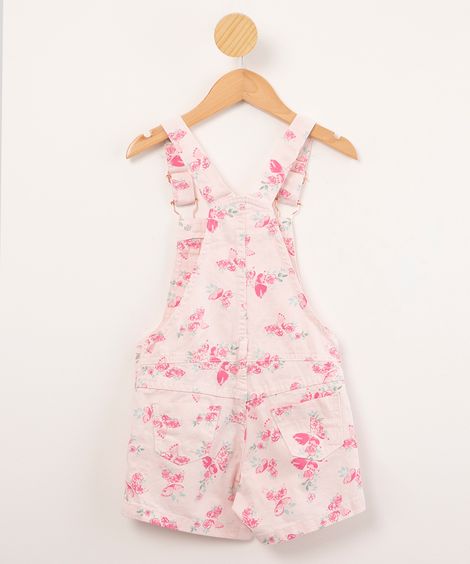 jardineira infantil sarja estampada floral rosa claro