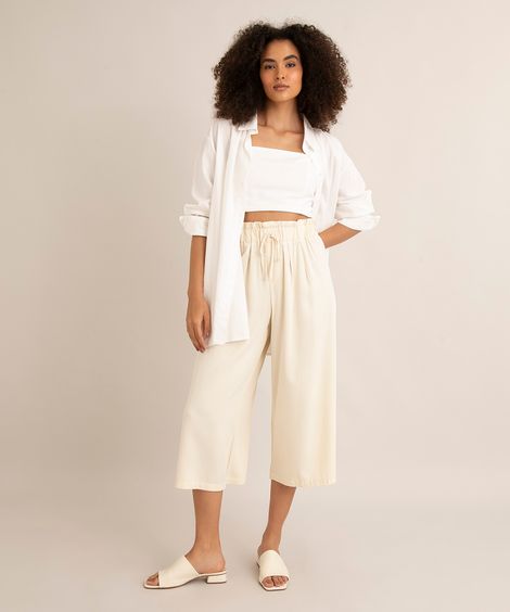calça wide leg cropped de viscose com cordão cintura alta amarelo claro