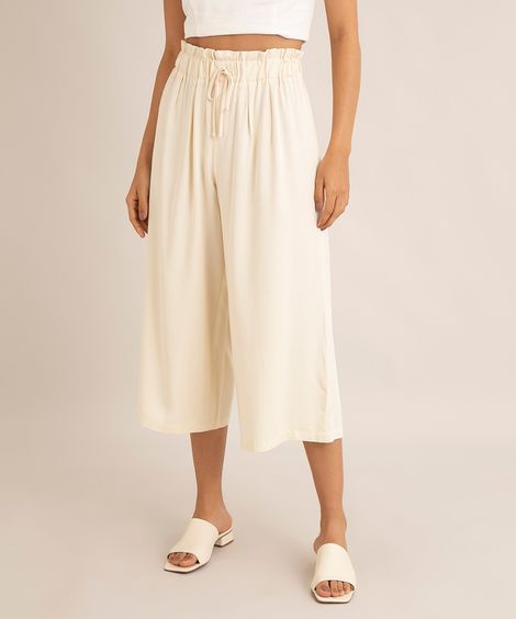 calça wide leg cropped de viscose com cordão cintura alta amarelo claro