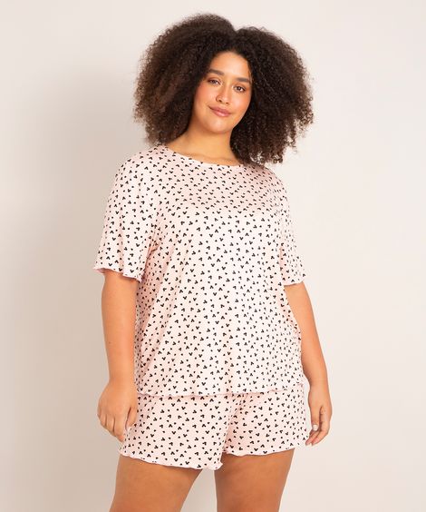 pijama manga curta plus size estampado mickey rosa claro