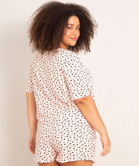 pijama manga curta plus size estampado mickey rosa claro