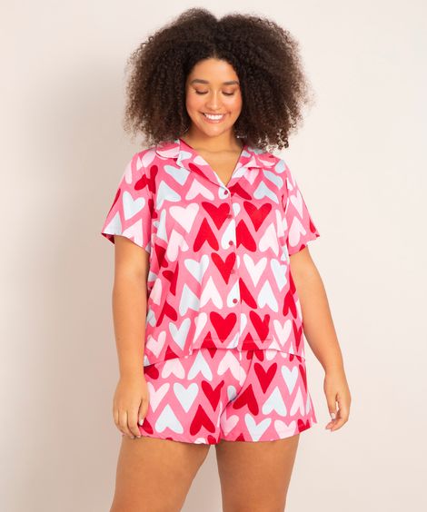 pijama camisa manga curta plus size estampado de corações rosa