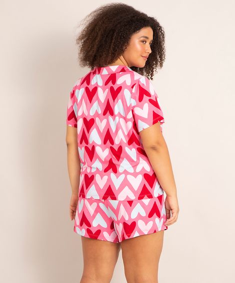 pijama camisa manga curta plus size estampado de corações rosa