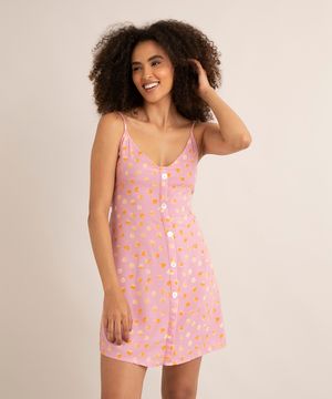 vestido curto de viscose estampado poá com amarração fina rosa