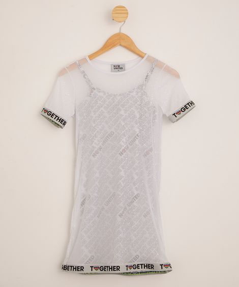 vestido juvenil de tule manga curta now united branco
