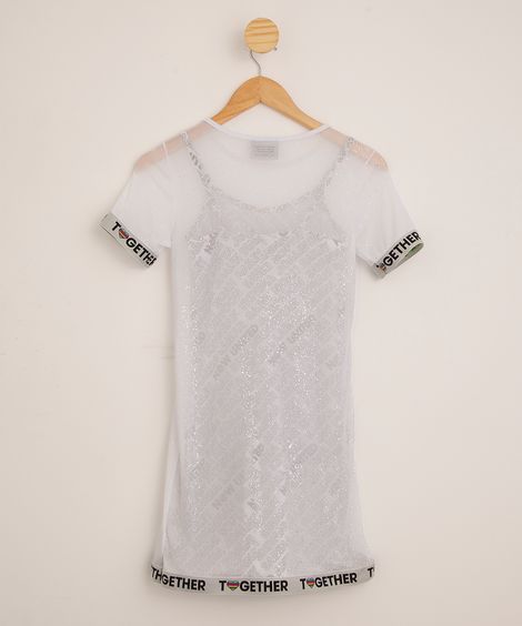 vestido juvenil de tule manga curta now united branco