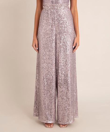calça pantalona de paetês cintura super alta lilás