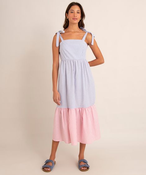 vestido midi bicolor de tricoline listrado alça grossa para amarração multicor