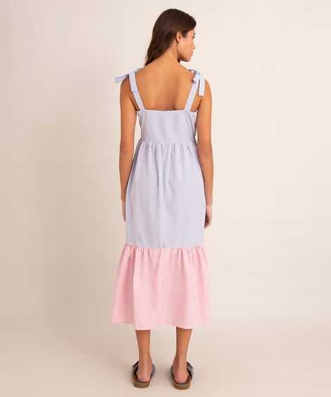 vestido midi bicolor de tricoline listrado alça grossa para amarração multicor
