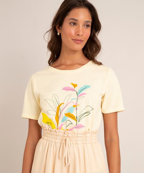 camiseta de algodão folhagem manga curta decote redondo amarelo claro