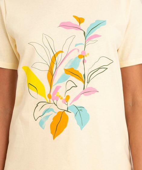 camiseta de algodão folhagem manga curta decote redondo amarelo claro