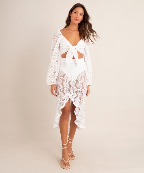 saia midi mullet de renda com forro hot pant off white