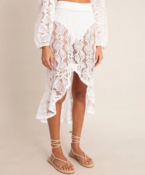 saia midi mullet de renda com forro hot pant off white