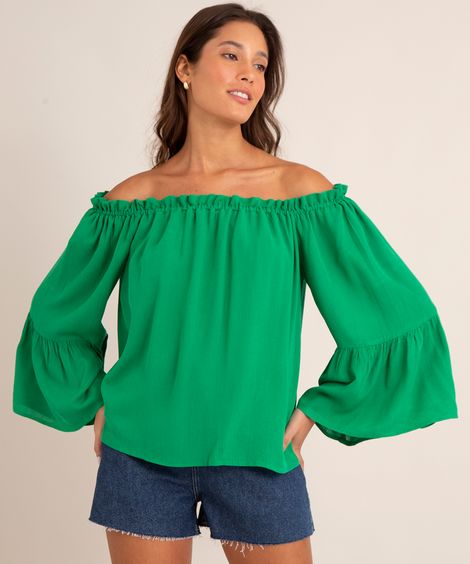 blusa ciganinha de viscose manga longa com babados verde