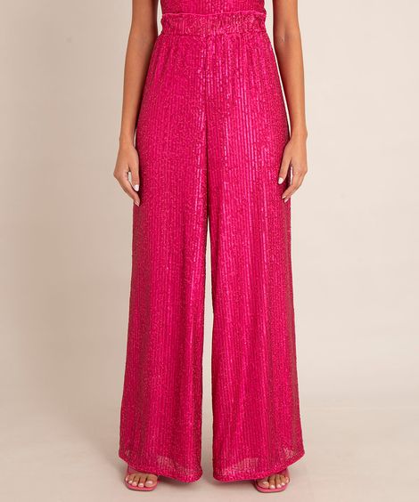 calça pantalona de paetês cintura super alta pink