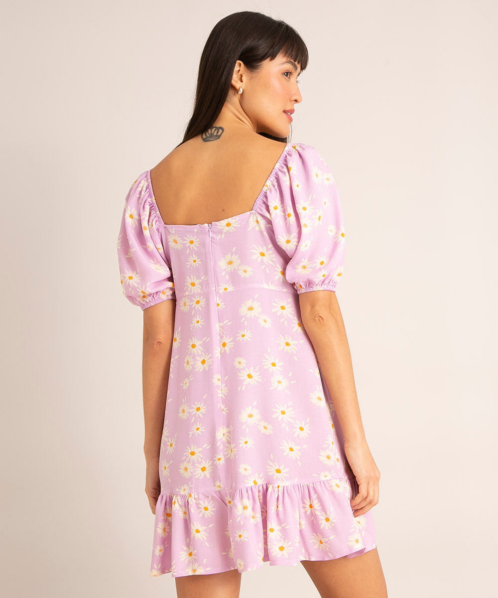 vestido curto de viscose estampado floral cut out com babados manga bufante lilás