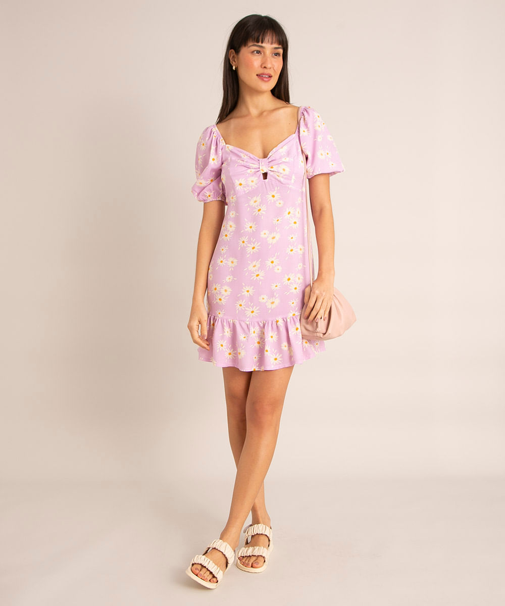 vestido curto de viscose estampado floral cut out com babados manga bufante lilás