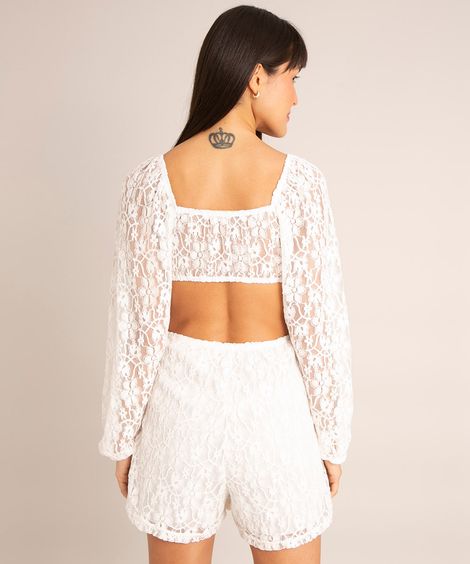 macaquinho de renda manga longa bufante off white
