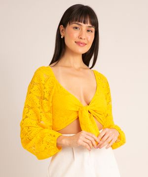 blusa cropped de renda com amarração manga bufante decote v amarela