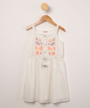 vestido infantil alça fina listrado com lurex e bordado de borboletas off white