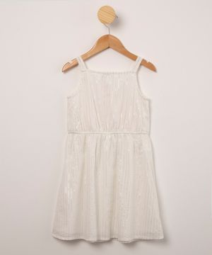 vestido infantil alça fina listrado com lurex e bordado de borboletas off white