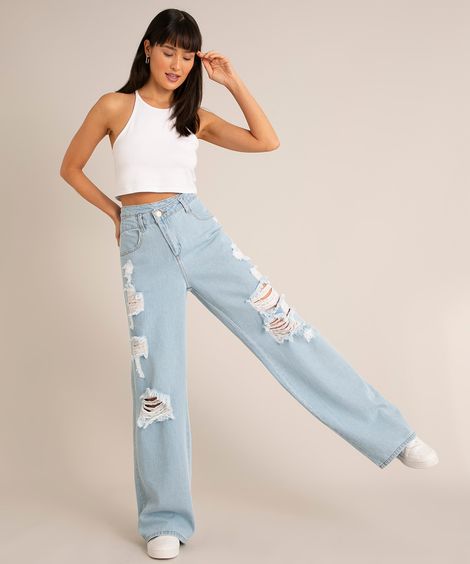 calça wide leg reta jeans cintura super alta destroyed com cós cruzado sawary azul claro