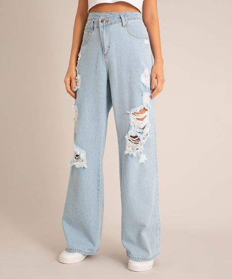 calça wide leg reta jeans cintura super alta destroyed com cós cruzado sawary azul claro