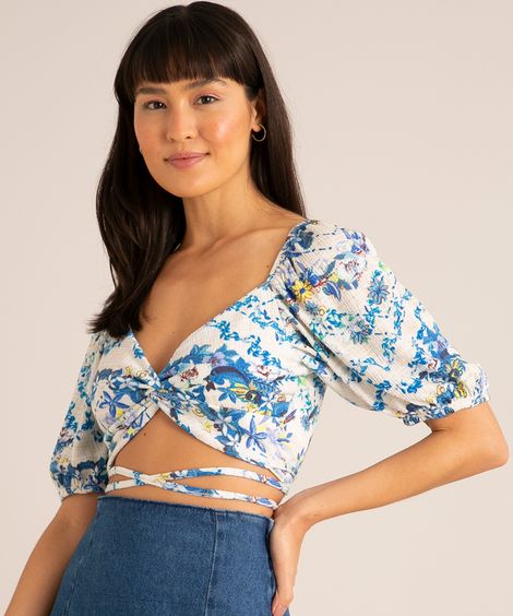 blusa cropped texturizada estampada floral com amarração manga bufante decote coração off white