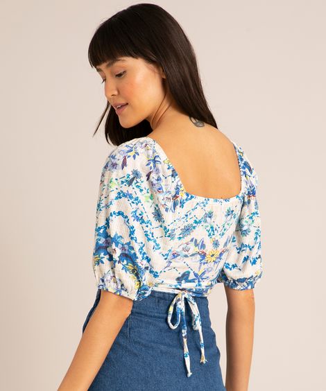 blusa cropped texturizada estampada floral com amarração manga bufante decote coração off white