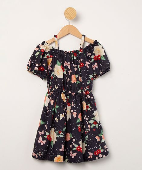 vestido infantil estampado floral manga curta azul marinho