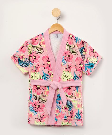 roupão infantil manga curta estampado floral rosa