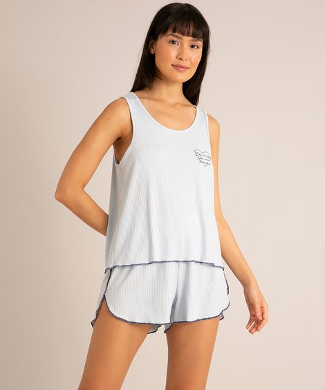 pijama regata canelado com bordado e frufru azul claro