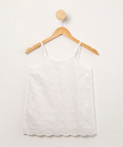 regata infantil de laise com paetês alça fina off white
