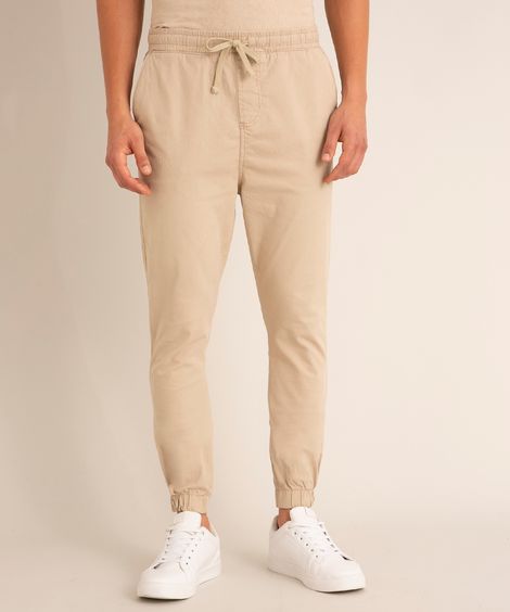 calça jogger de sarja com cordão e bolsos kaki