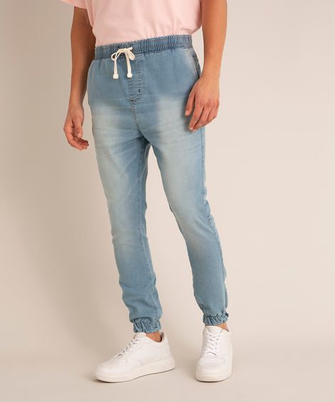calça jogger skinny jeans com cordão azul médio