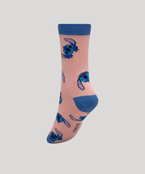 meia cano alto divertida estampada stitch rosa