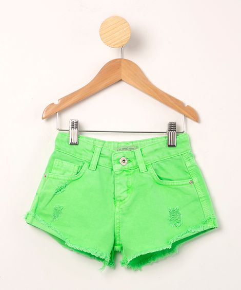 short infantil de sarja destroyed barra desfiada verde neon