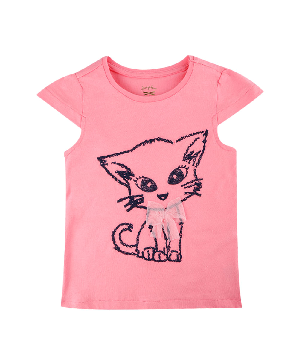 Blusa com Bordado de Gatinha com Laço Menina Rosa