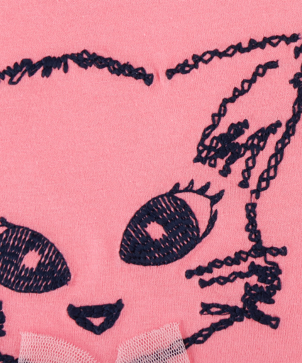 Blusa com Bordado de Gatinha com Laço Menina Rosa