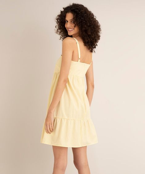 vestido curto de tricoline listrado alça larga decote reto com recortes amarelo claro