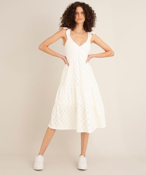 vestido midi de laise sem manga com babados decote v off white