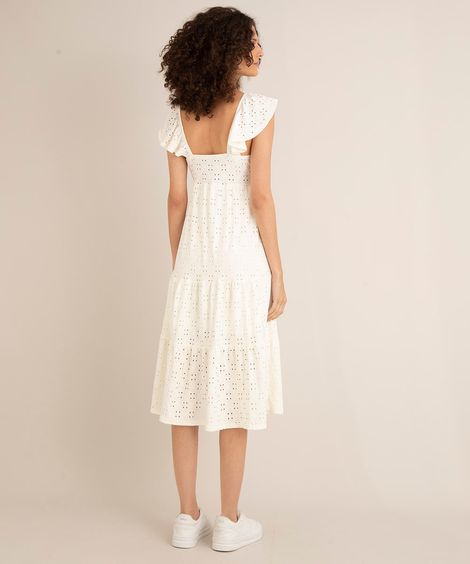 vestido midi de laise sem manga com babados decote v off white