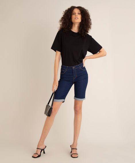bermuda jeans ciclista cintura média azul escuro