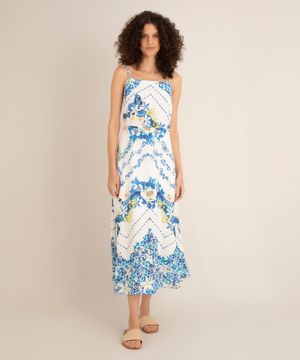 vestido midi de viscose estampado floral alça fina off white