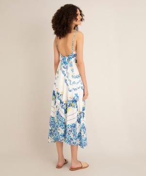 vestido midi de viscose estampado floral alça fina off white