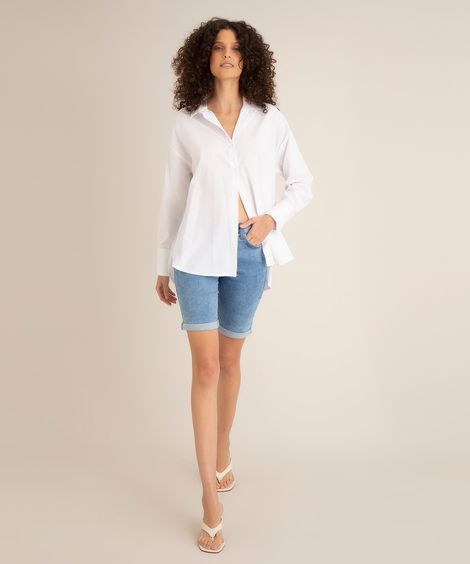 Bermuda Jeans Feminina Ciclista Cintura Alta com Barra Dobrada Azul Claro