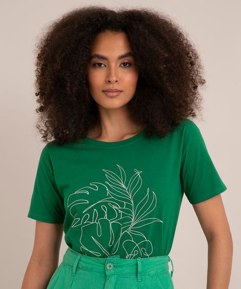 camiseta de algodão folhagem manga curta decote redondo verde
