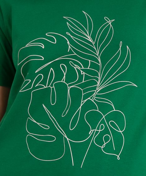 camiseta de algodão folhagem manga curta decote redondo verde