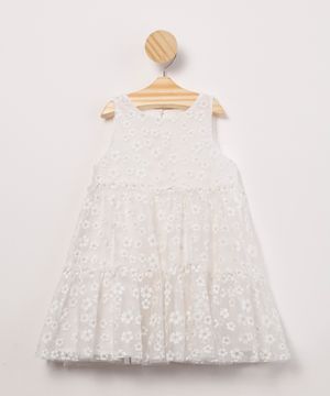 vestido infantil de tule sem manga com bordado floral off white